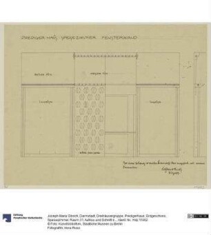 Darmstadt, Dreihäusergruppe, Predigerhaus, Erdgeschoss, Speisezimmer, Raum 31, Aufriss und Schnitt der Ostwand