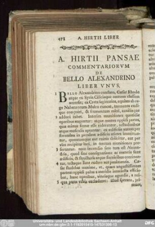 A. Hirtii Pansae Commentariorum De Bello Alexandrino Liber Unus.