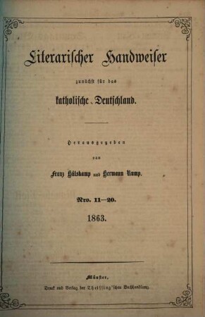 Literarischer Handweiser : kritische Monatsschrift. [2.] 1863 = Nr. 11 - 20