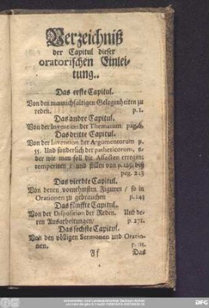 Verzeichniß der Capitul dieser oratorischen Einleitung.