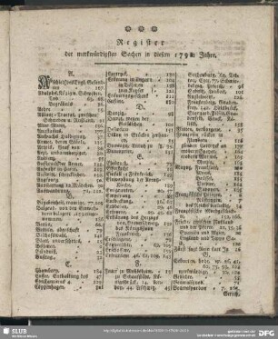 Register der merkwürdigsten Sachen in diesem 1792. Jahre