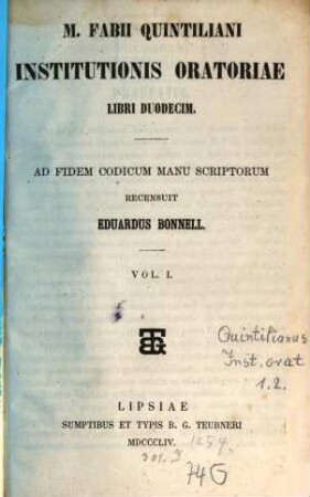 M. Fabii Quintiliani institutionis oratoriae libri duodecim, 1