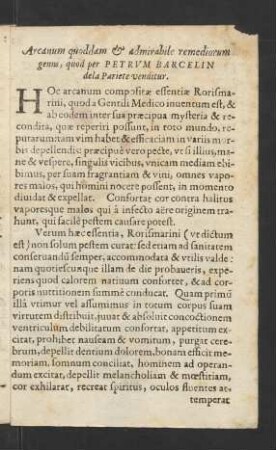 Arcanum quoddam et admirabile remediorum genus, quod per Petrum Barcelin dela Pariete venditur.