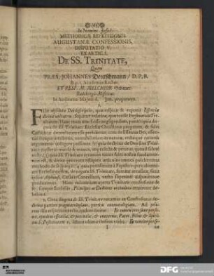 Articulus I. De Personarum Trinitate.