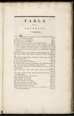 Table des Articles.