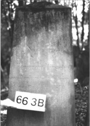 Grabstein 663 (Index: 99900573) Material: Sandstein Zustand: angewittert Maße HxBxT: 149x43x29 cm Beschreibung: Obelisk: Grabstein 663B