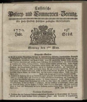 19tes Stueck, Montag den 7ten May. 1770