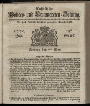 19tes Stueck, Montag den 7ten May. 1770
