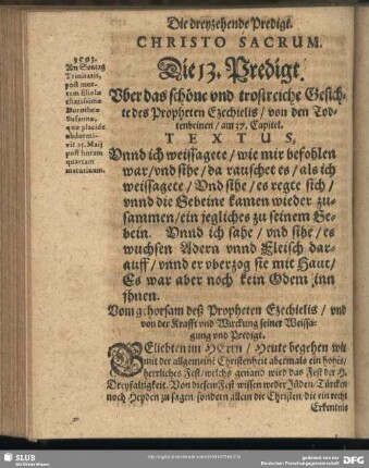 Die 13. Predigt. Uber das schöne und trostreiche Gesichte des Propheten Ezechielis, von den Todtenbeinen, am 37. Capitel