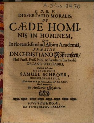 Dissertatio Moralis, De Caede Hominis In Hominem