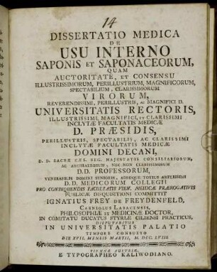 Dissertatio Medica De Usu Interno Saponis Et Saponaceorum