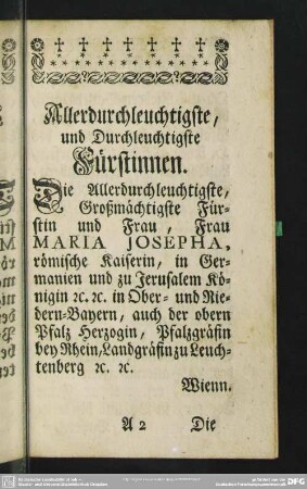 Allerdurchleuchtigste, und Durchleuchtigste Fürstinnen