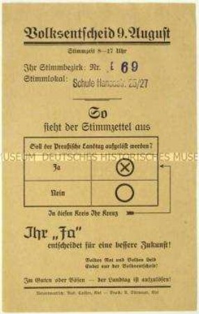 Aufruf zur Abstimmung für die Auflösung des preußischen Landtags beim Volksentscheid am 9. August 1931