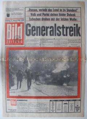 Tageszeitung "Bild ZEITUNG" zum Generalstreik in der CSSR nach dem Einmarsch der Truppen des Warschauer Vertrags