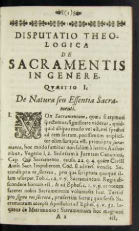 Quaestio I. De Natura seu Essentia Sacramenti.