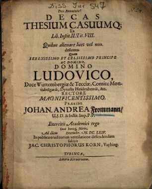 Decas Thesium Casuumq[ue] Ex Lib. Instit. II. Tit. VIII. Quibus alienare licet vel non. desumta