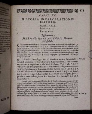Caput XV. Historia Incarcerationis Baptistae ... Respondente Hermanno Clausingio Hervord. Westphalo