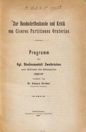 Zur Handschriftenkunde und Kritik von Ciceros Partitiones Oratoriae