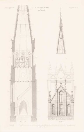 St. Nicolaus-Kirche, Pritzwalk: Ansicht von Süden, Querschnitt, Detail (aus: Atlas zur Zeitschrift für Bauwesen, hrsg. v. G. Erbkam, Jg. 34, 1884)