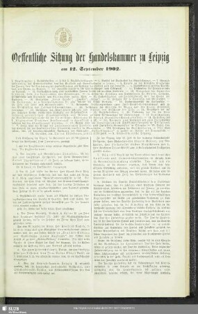 Oeffentliche Sitzung der Handelskammer zu Leipzig am 12. September 1902