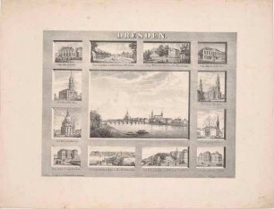 Bilderbogen mit einer großen und 12 kleinen Stadtansichten von Dresden