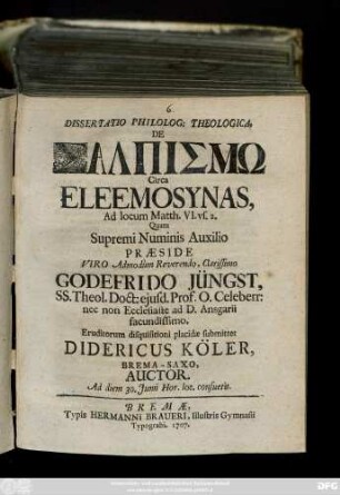 Dissertatio Philolog: Theologica, De Salpismō Circa Eleemosynas, Ad locum Matth. VI. vs. 2.