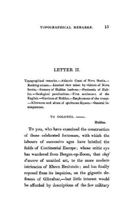 LETTER II. - Topographical remarks. - Atlantic Coast of Nova Scotia. - Rocking-stones. - Limited view taken by visitors of Nova Scotia. - Scenery of Halifax Harbour. - Peninsula of Halifax. - Geological pecul