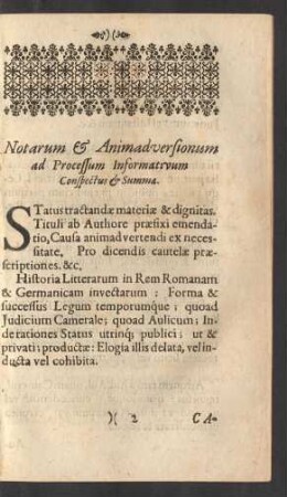 Notarum & Animad versionum ad Processum Informativum Conspectus & Summa.
