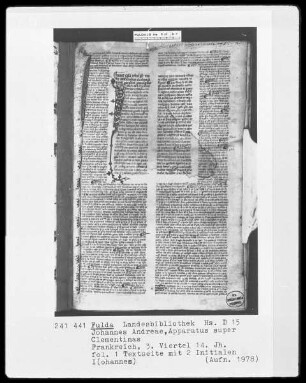 Johannes Andreae, Apparatus super Clementinas — Initiale I(ohannes), Folio 1recto