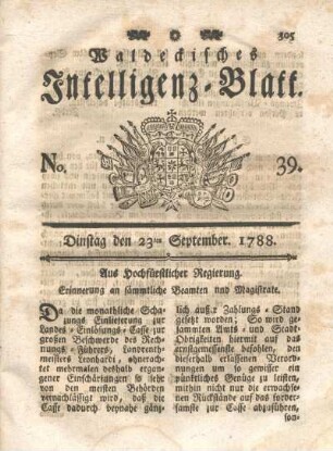 No. 39. Dinstag den 23ten September 1788