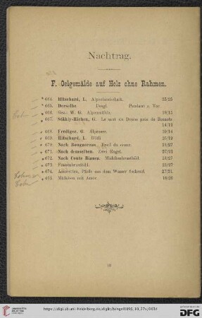 Nachtrag. F. Oelgemälde auf Holz ohne Rahmen (Nr. 664- 675)