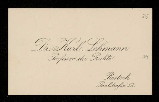 Visitenkarte von Karl Lehmann für Otto von Gierke, Rostock, 20.8.1910