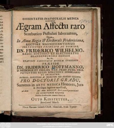 Dissertatio Inauguralis Medica Sistens Ægram Affectu raro Scorbutico Pustulari laborantem