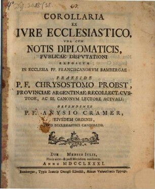 Corollaria ex iure ecclesiastico, una cum notis diplomaticis