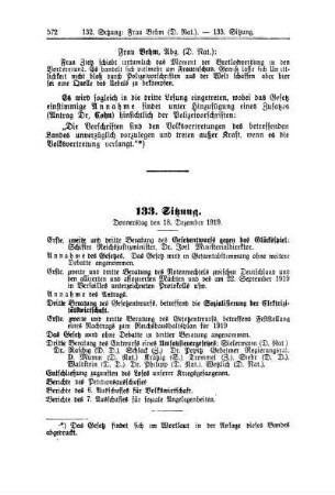 133. Sitzung. Donnerstag den 18. Dezember 1919
