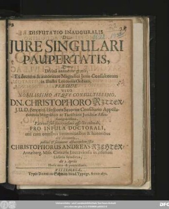 Disputatio Inauguralis De Iure Singulari Paupertatis