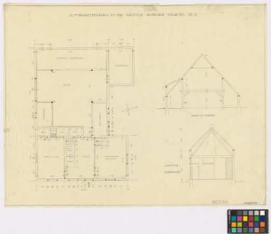 Nütterden [(Landkreis Kleve)]: Katstelle, Vossberg Nr. 5. - Haupthaus (Grundriss). - Vorderhaus (Schnitt). - Scheune (Schnitt)