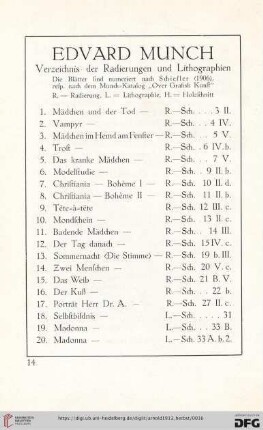 [Edvard Munch. Verzeichnis der Radierungen und Lithographien]