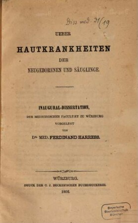 Ueber Hautkrankheiten der Neugeborenen und Säuglinge