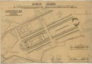 Fischer, Theodor; München, Maximiliansplatz; Bebauungsvorschlag - Lageplan, Querschnitte, Längsschnitt, Schnitt