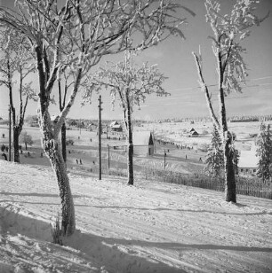 Winterbilder Zinnwald. Ortsteilansicht mit Skiläufern am Skihang (darunter wahrscheinlich Mitarbeiter der Sächsischen Landesbildstelle auf einem Betriebsausflug)