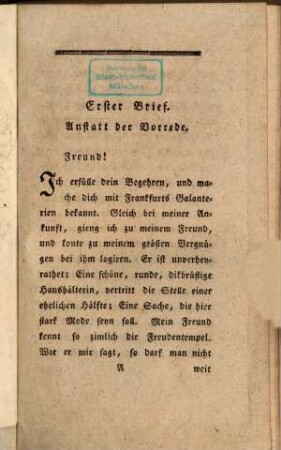 Briefe über die Galanterien von Frankfurt am Mayn. 1. Titelbl., 232 S.