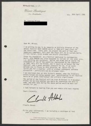 Brief an Czesław Miłosz, 30.04.1990