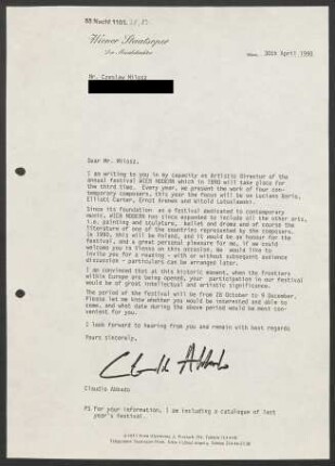 Brief an Czesław Miłosz, 30.04.1990