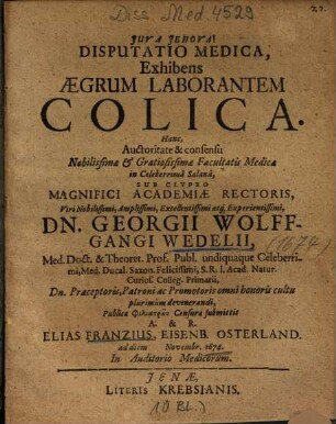 Disputatio Medica, Exhibens Aegrum Laborantem Colica