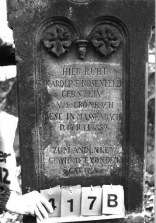 Grabstein 417 (Index: 99752685) Material: Sandstein Zustand: Sockel abgeblättert, sonst gut Maße HxBxT: 188x56x27 cm Beschreibung: giebelart. Abschl. , rechteck. erhöht, Schriftfelder auf Vorder-u. Rückseite eingetief Symbolik: Ranken, Mohnkapseln: Grabstein 417B