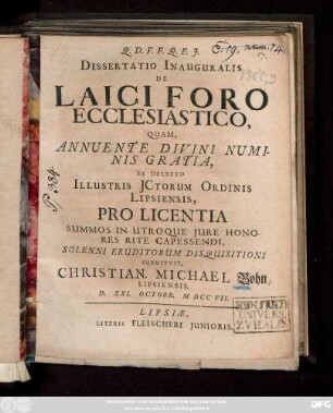 Dissertatio Inauguralis De Laici Foro Ecclesiastico
