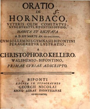 Oratio De Hornbaco, Veteris Olim Comitatus, Nunc Ducatus, Bipontini Oppido