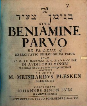 De ... Sive Benjamine parvo, ex Ps. 68, 28. exercitatio philologica, 1