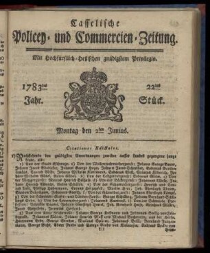 22tes Stueck, Montag den 2ten Junius. 1783